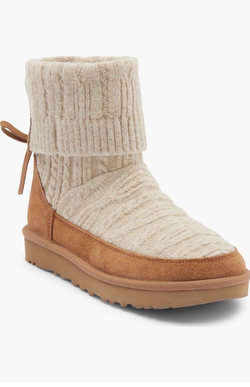UGG Classic Mini Cable Knit Bootie in Natural Chestnut, Size 8